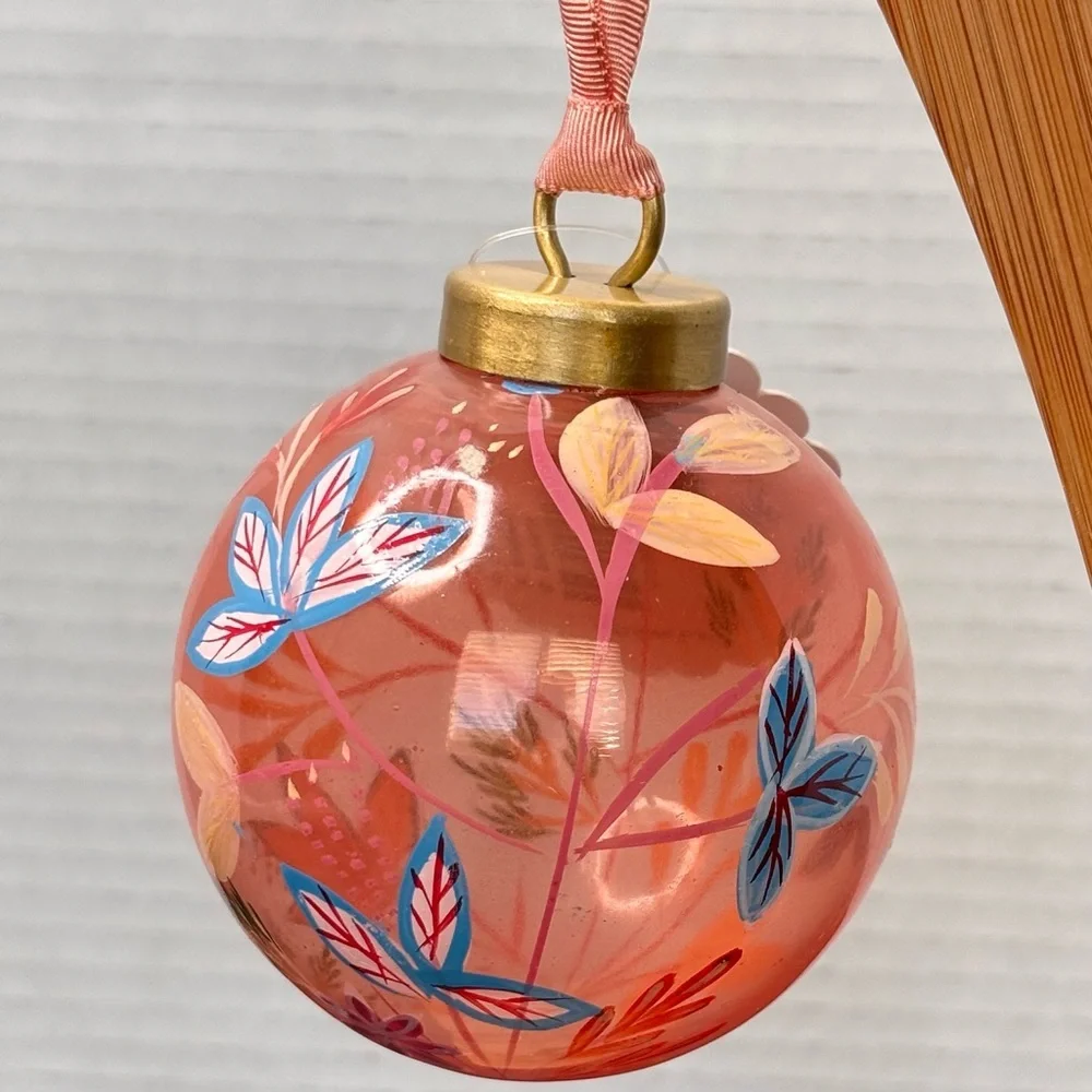 NWT ANTHROPOLOGIE Hand Painted Floral Orange Glass Christmas Holiday Ornament